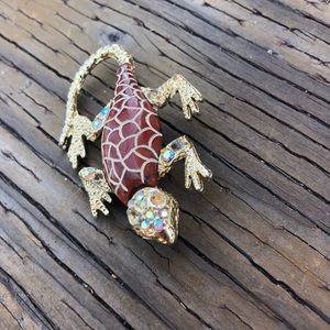 Rhinestone Cheetah Print Lizard Gold Brown Brooch